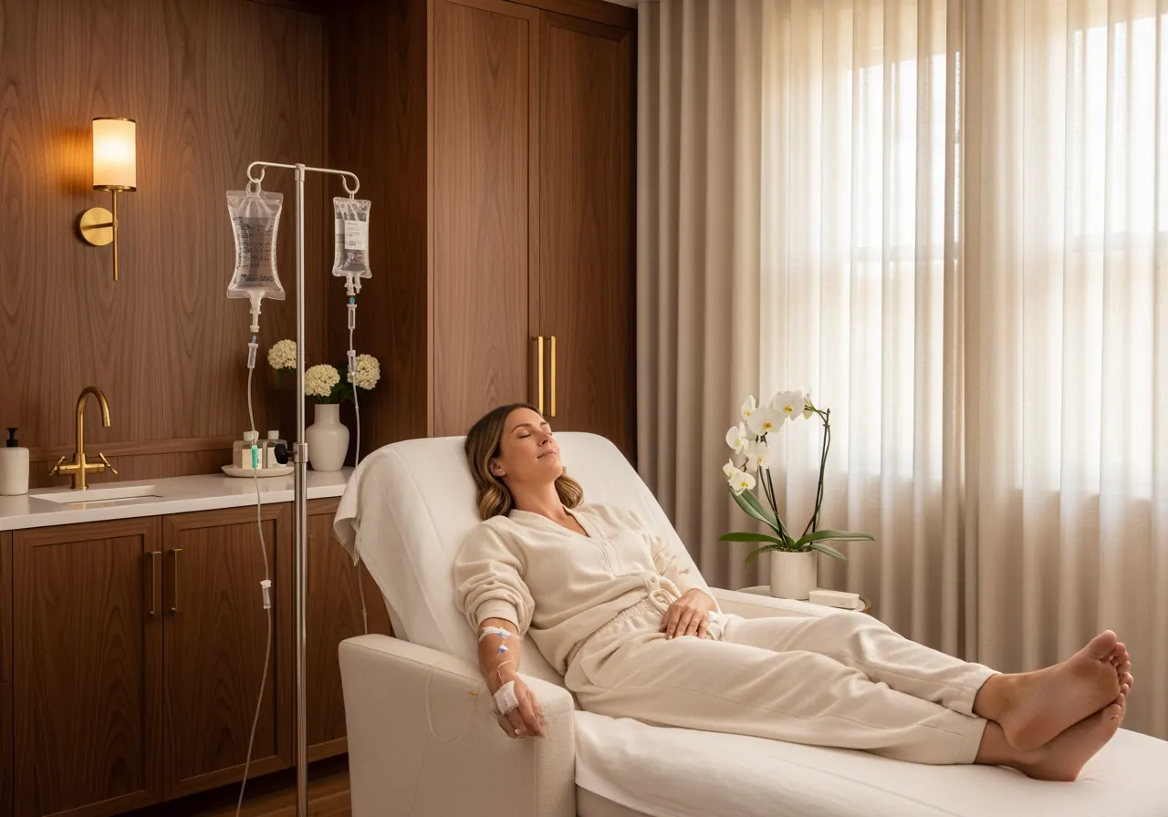 Ruhiger Behandlungsraum, Patientin entspannt auf einer Liege bei einer Infusion