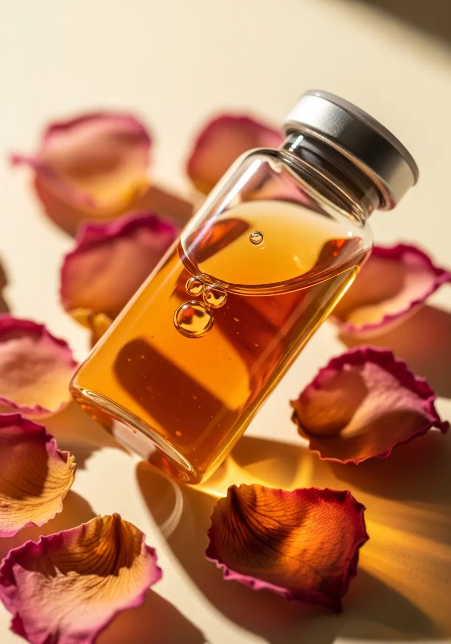Glasfläschchen mit bernsteinfarbenem Serum zwischen Rosenblättern